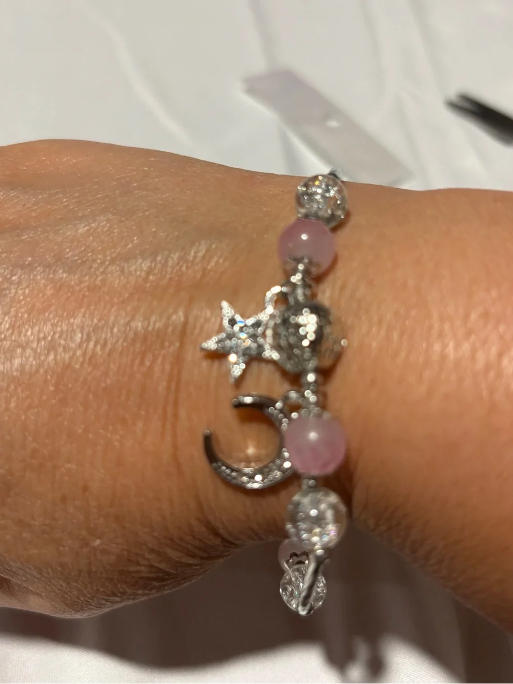Pink & Clear Beaded Moon Star Bracelet – Silver Tone Celestial Charm Bracelet